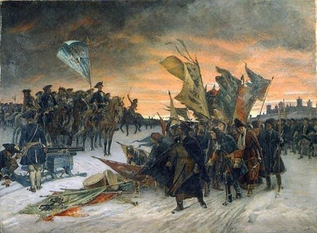 На картине – русская армия складывает свои знамена к ногам победителя. Петр сделал все, чтобы это больше не повторилось никогда. 