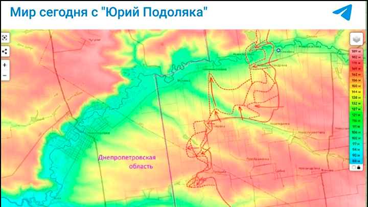 Русские приближаются к Днепропетровской области//Скриншот поста из ТГ-канала военного блогера Юрия Подоляки