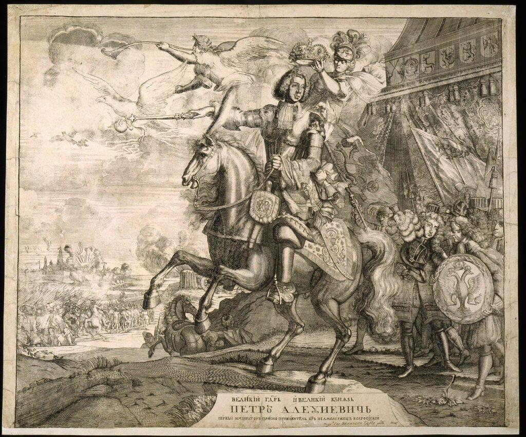 peter i equestrian portrait with the battlefield c. 1707 pikart