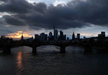 Dark clouds hang over the financial district as the spread of the coronavirus disease (COVID-19) continues in Frankfurt, Germany, March 16, 2021. REUTERS/Kai Pfaffenbach