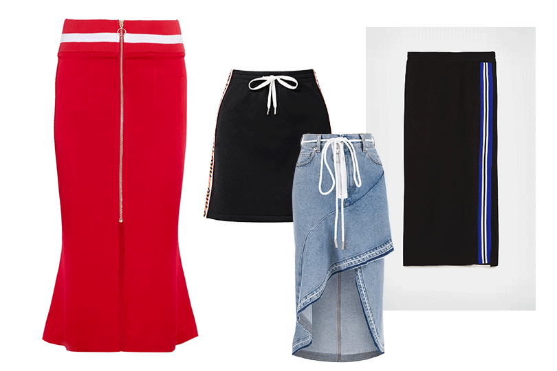 Юбки, Maggie Marilyn (Net-a-Porter); Miu Miu; Off-White (ЦУМ); Zara Как это носить? Спортивный шик в весеннем гардеробе. Юбки, Maggie Marilyn (Net-a-Porter); Miu Miu; Off-White (ЦУМ); Zara