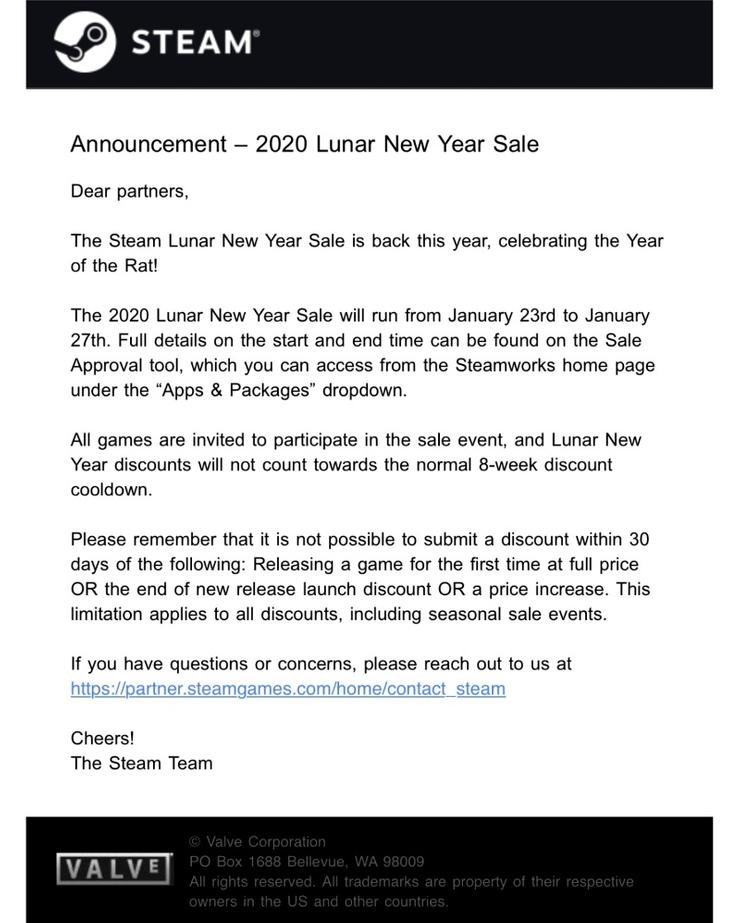Стала известна дата начала Лунной Распродажи в Steam января, Компания, честь, продаже, появились, которые, участие, принять, могут, акции, завершится, вечером, вероятно, начинается, Нового, Китайского, приводящаяся, Valve, очередной, оправила