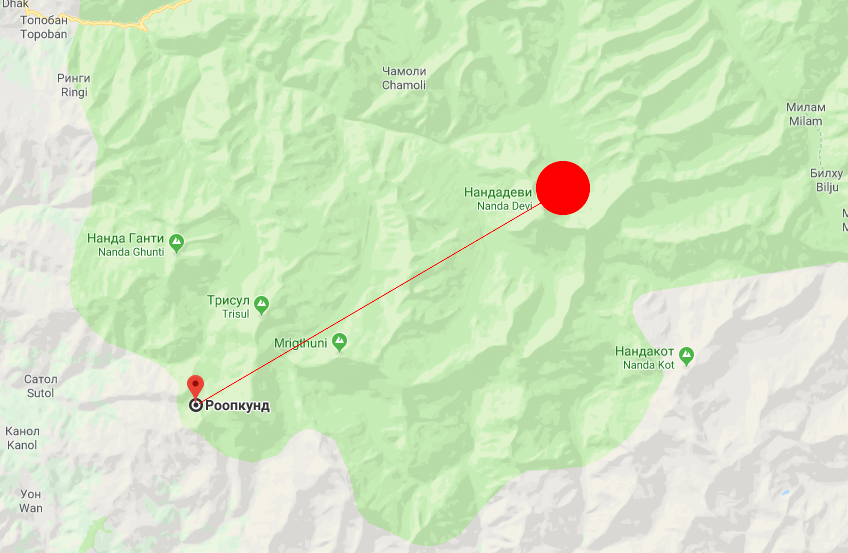 Путь на карте от озера Роопкунд до горы Нандадеви