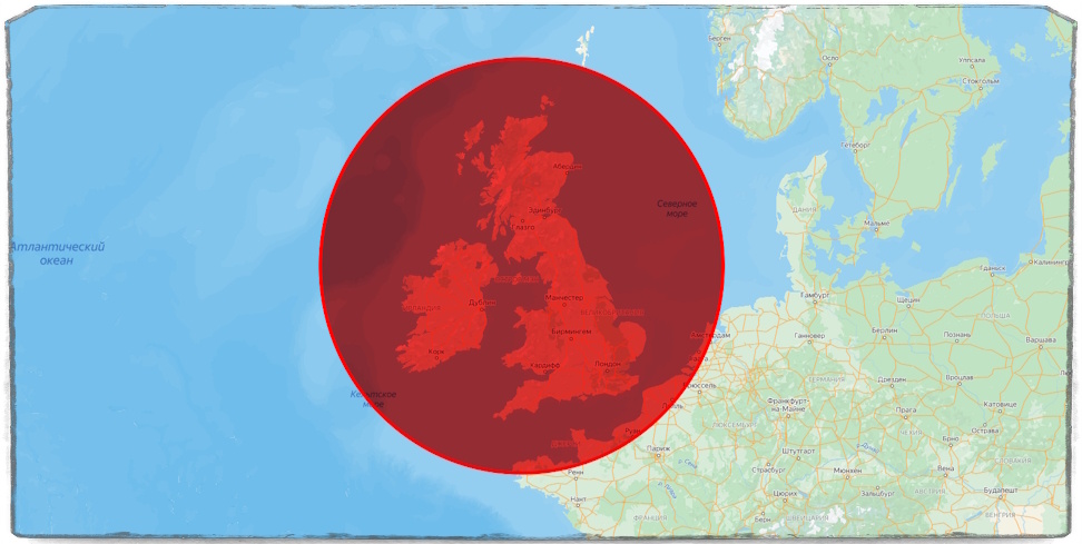 Источник: Яндекс.Карты. Примерная зона действия А-100 на примере Британских островов.