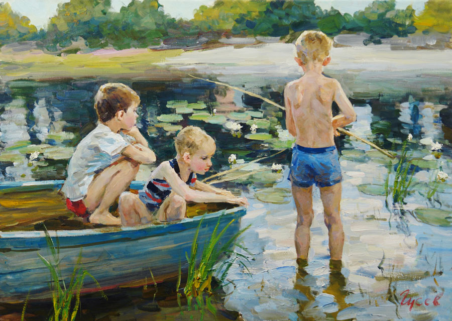 На речке купаются ребята