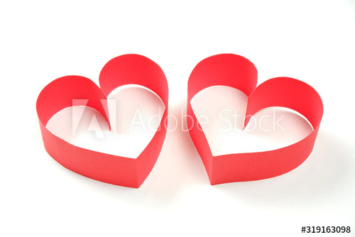 Couple of red paper hearts on white background isolated  Pretty love, valentines day, womens day banner, offer, card, invitation, flyer, poster template.