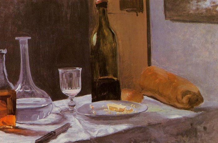 «Натюрморт с бутылкой, графином, хлебом и вином». Автор: Моне Клод.