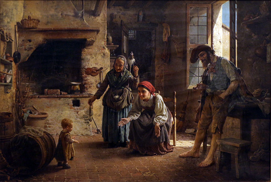 Гаэтано Чиерици (Gaetano Chierici), una scena domestica, primi passi, 1865