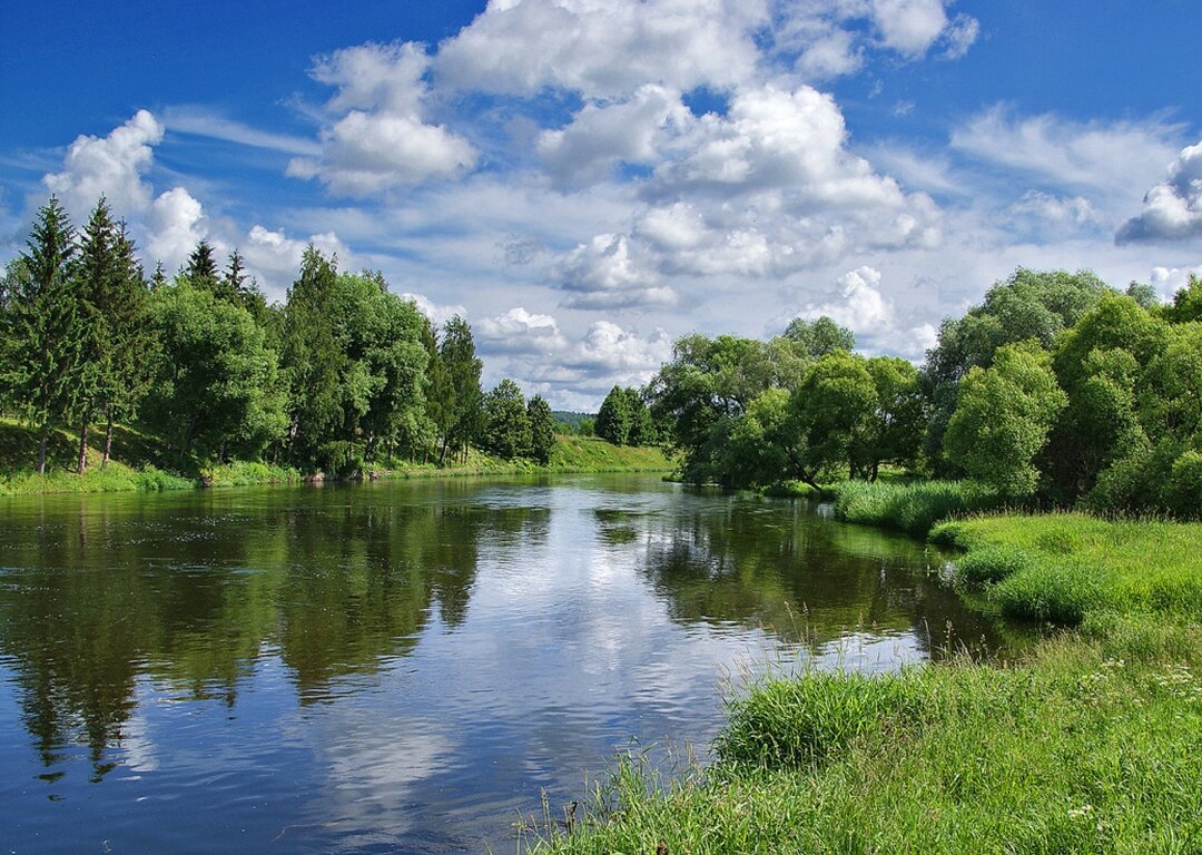 Москва-река близ Можайска. Ничего особо мощного нынче в ней не усматривается, но раскопки показывают, что пару тысяч лет назад и полузаросшая ныне Клязьма заливала значительные территории во время паводков и была богата крупной рыбой.