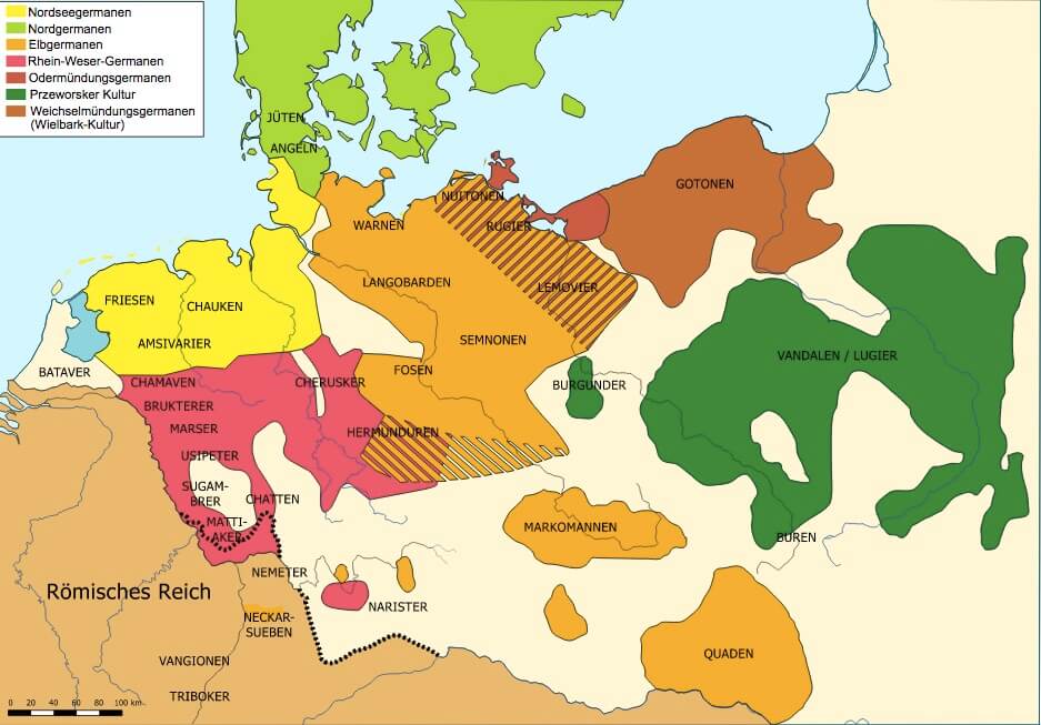 Карта расселения германских племён к 1-му в. н. э.