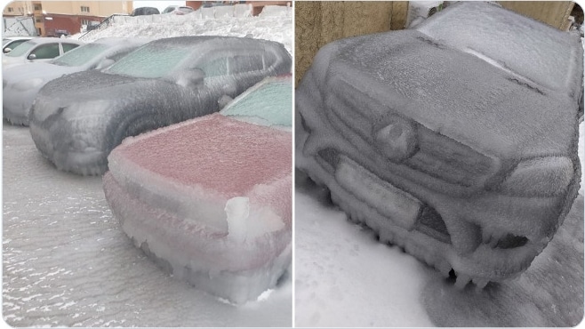 машины, покрытые льдом