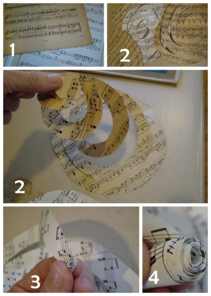  Спиральные розочки из книжных и нотных страниц