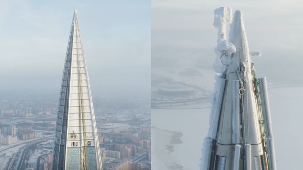 «Лахта-центр» покрылся инеем из-за сильных морозов в Петербурге