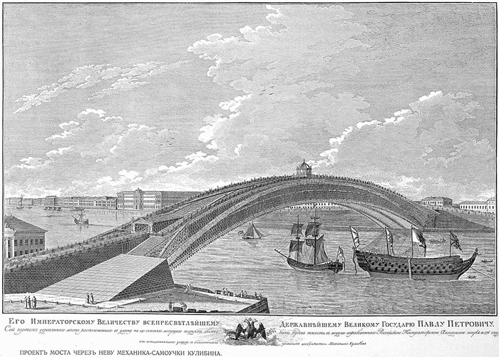 Проект полноразмерного одноарочного моста Кулибина. Фото: wikipedia.org