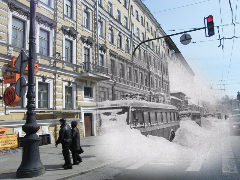 Ленинград 1942-2009 Невский 182. Замерзшие троллейбусы блокада, ленинград, победа