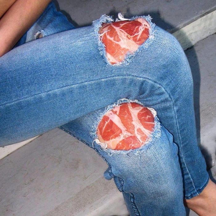 джинсы с беконовыми вставками на коленях