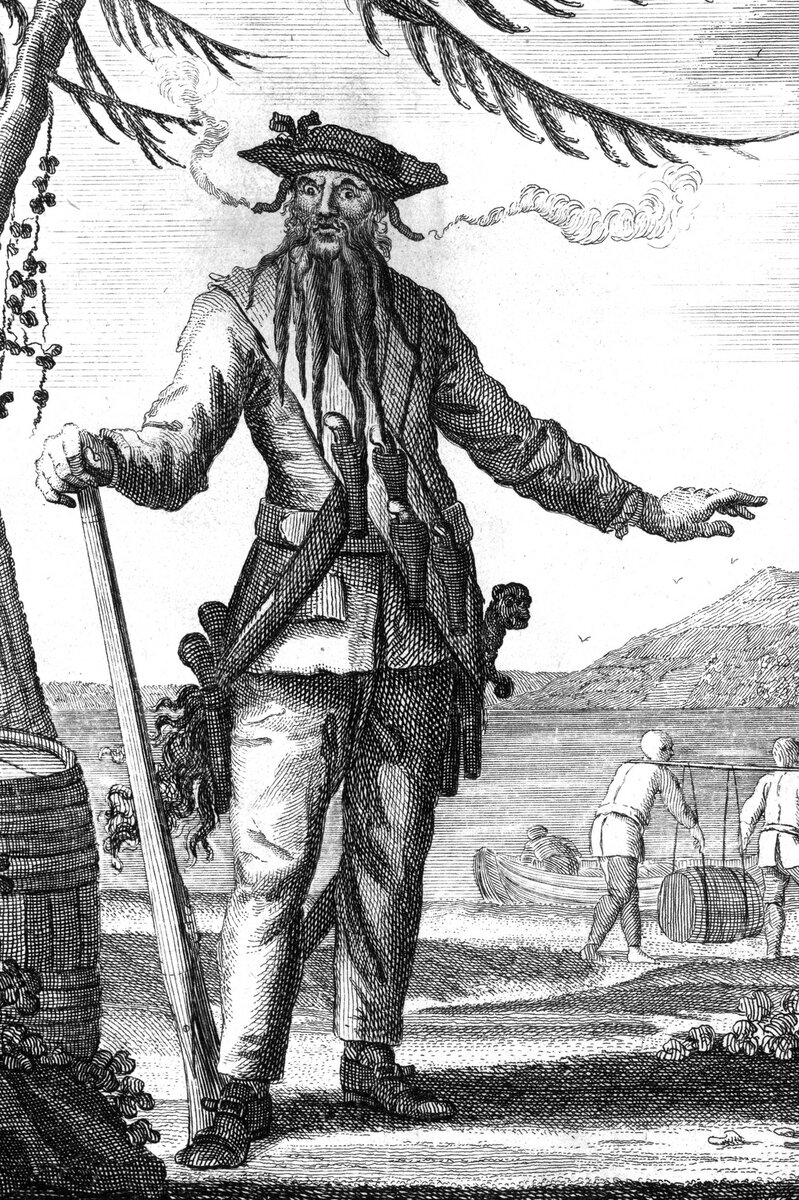 Эдвард Тич (Черная Борода) с своими пистолетами и саблей. Гравюра 1736 г.