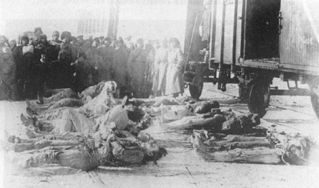 Сибирь. Енисейская губерния. Трупы замученных жертв большевистского террора. В советской энциклопедии «Гражданская война и военная интервенция в СССР» (М., 1983, с. 264) эта фотография, в несколько ином ракурсе, дана как образец «жертв колчаковщины» в Сибири в 1919 году. 