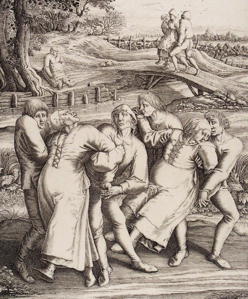 Фрагмент гравюры Генри Гондиуса. Основан на работе Питера Брейгеля-старшего, изобразившего пляску смерти, которая охватила Моленбрук