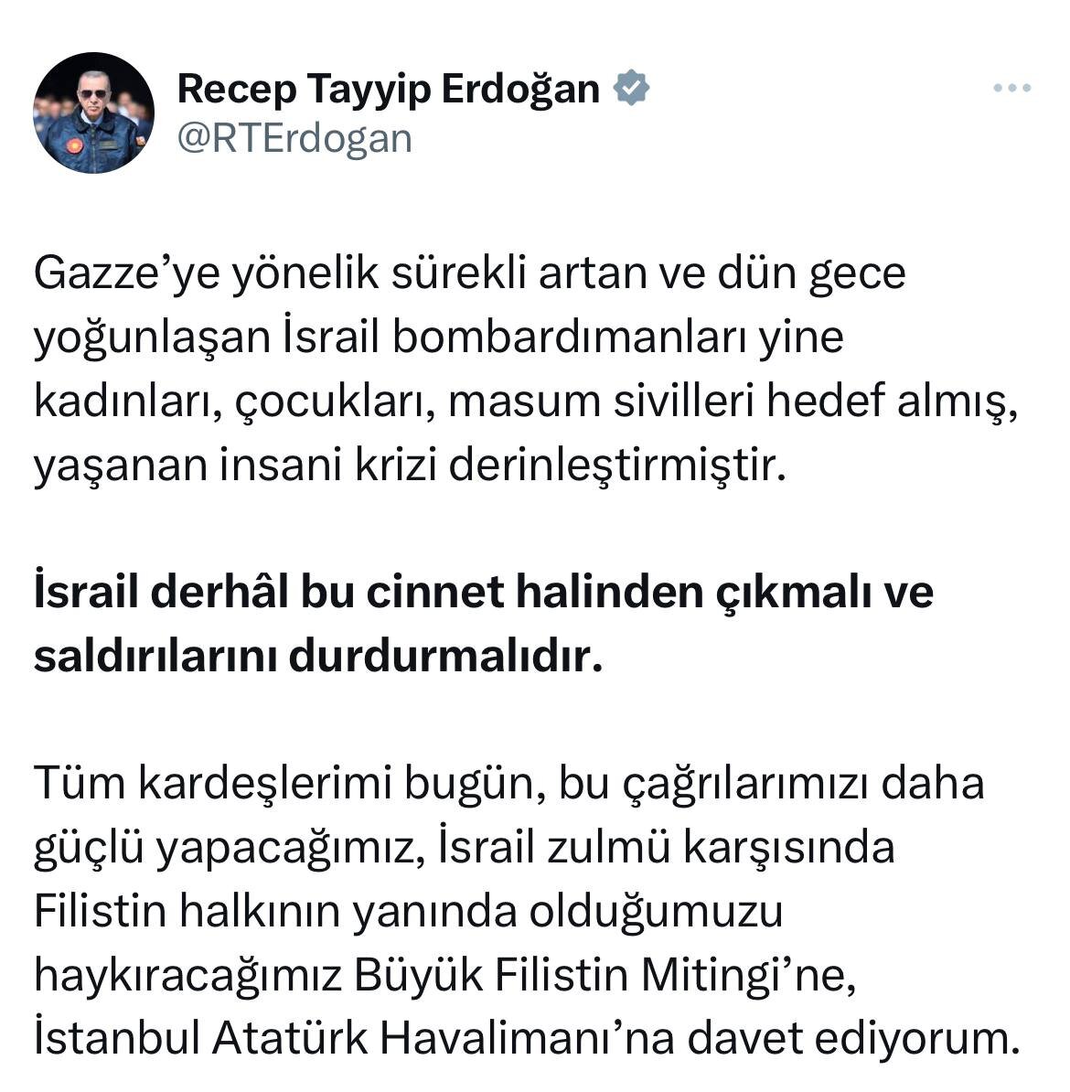 Эрдоган - созвал всех на митинг против Израиля: Непрекращающиеся израильские нападки на сектор Газа, которые усилились прошлой ночью, вновь направлены против женщин, детей и ни в чем не повинных...