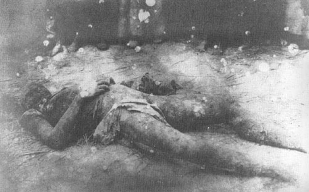 Труп полковника Франина, замученного в херсонской ЧК в доме Тюльпанова на Богородской улице, где находилась херсонская чрезвычайка. 