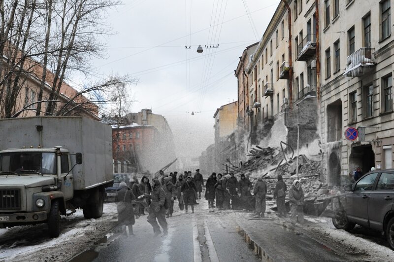 Ленинград 1942-2010 Боровая 26. После попадания авиабомбы и пожара блокада, ленинград, победа