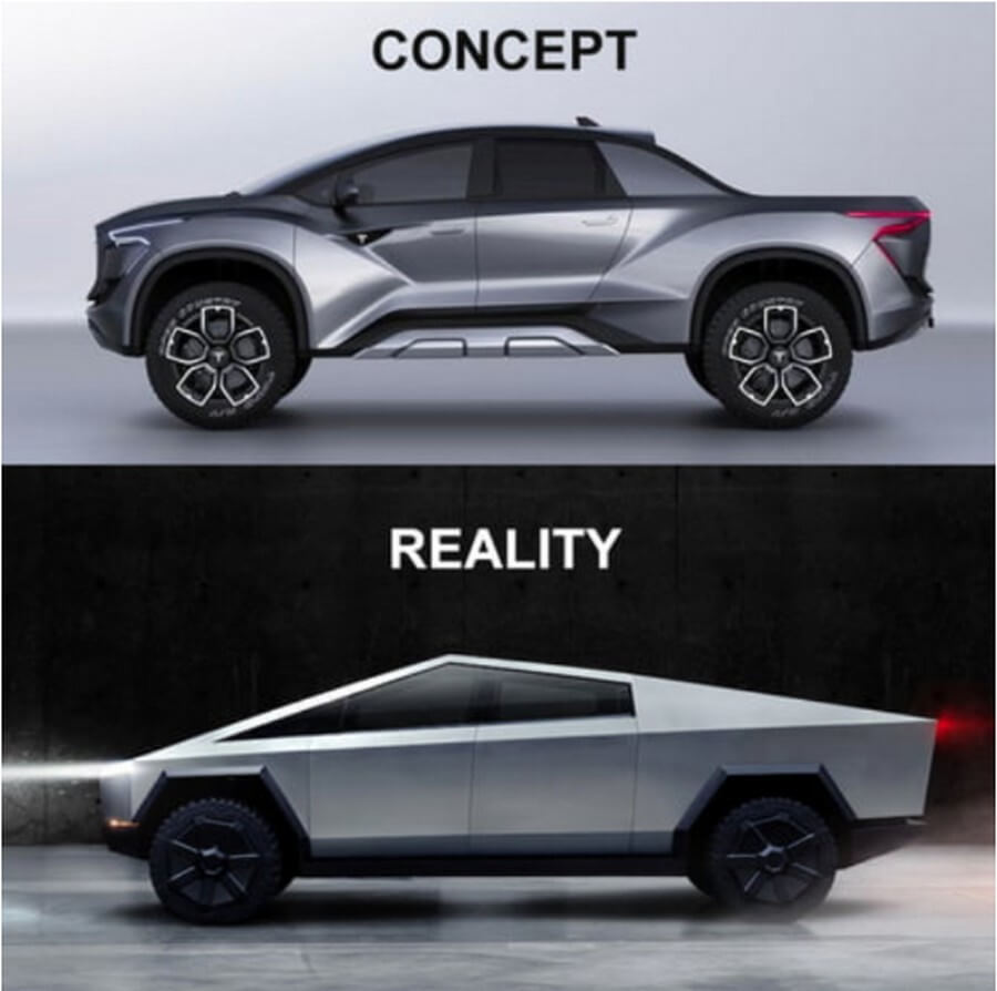 Прототип реальности. Пикап Тесла Cybertrack. Концепт и реальность машины. Концепт и реальность. Концепта и реальности авто.