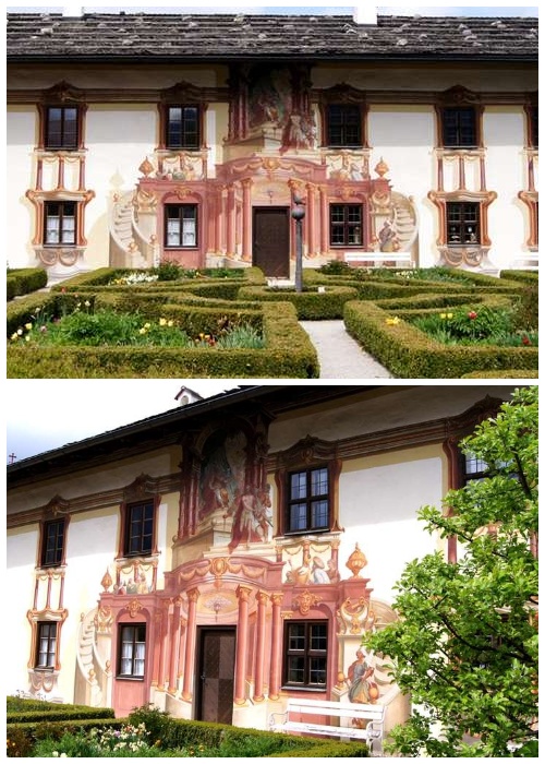 Колонны, балконы и парадная лестница на фреске выглядят как настоящие (деревня Обераммергау, Германия).