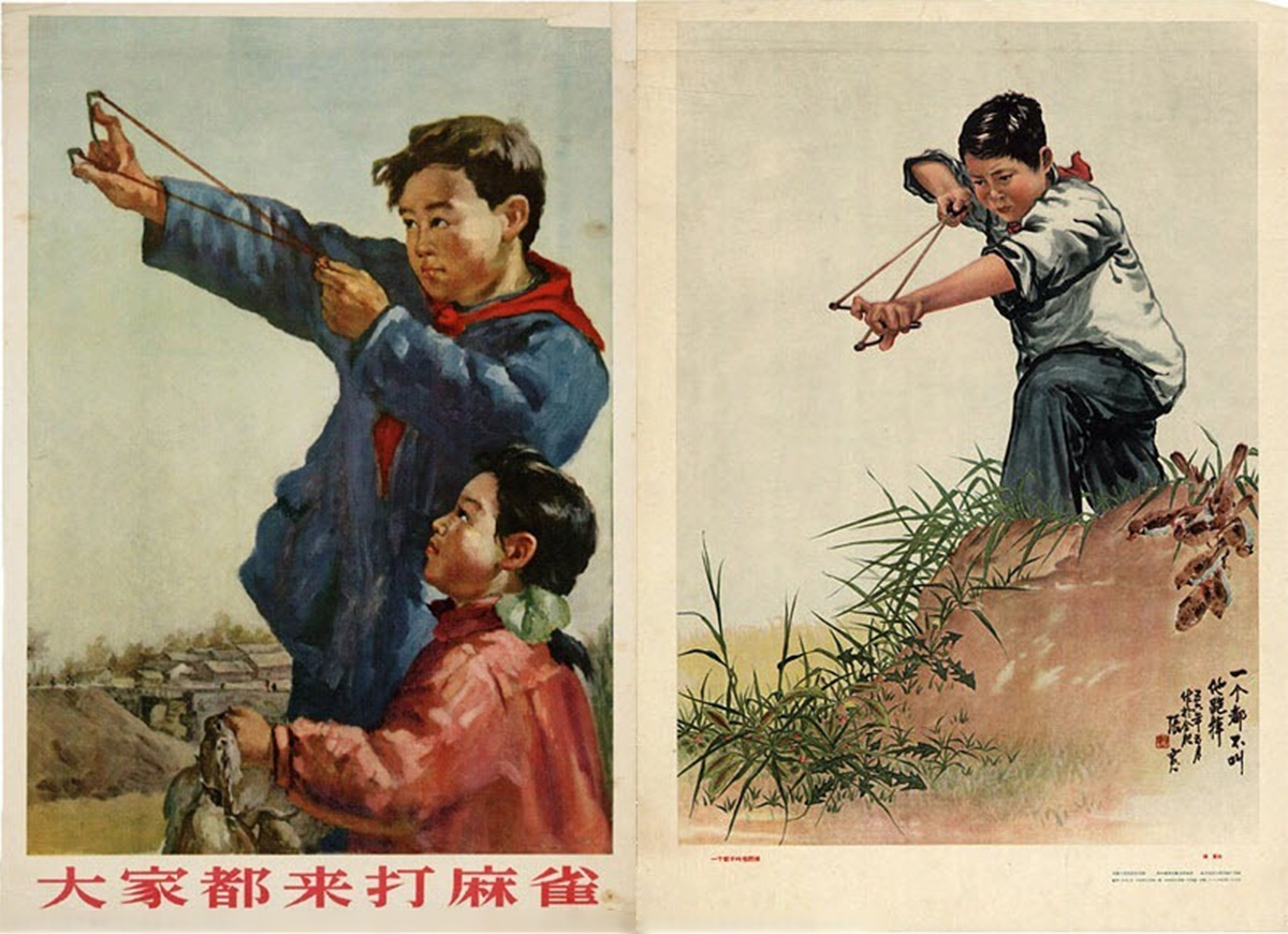 Китайские плакаты, агитирующие убивать воробьев животные,искусство,история,китай,политика