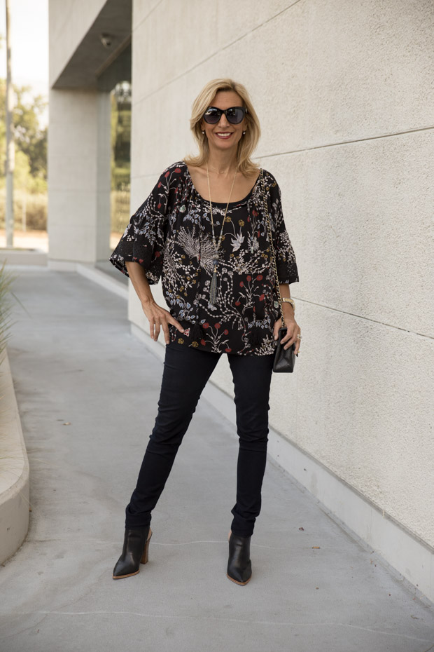 black floral print top with lace trim