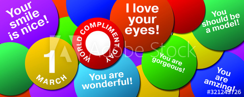 1 March World compliment day design with multicolored circles with compliments 