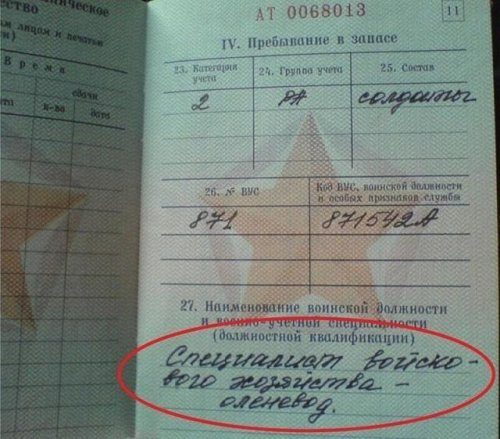 Необычные специальности, записанные в военных билетах Необычные специальности, записанные в военных билетах
