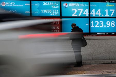 FILE PHOTO: A man stands in front of a screen displaying Nikkei share average and the world's stock indexes outside a brokerage, amid the coronavirus disease (COVID-19) outbreak, in Tokyo, Japan December 30, 2020. REUTERS/Issei Kato/File Photo