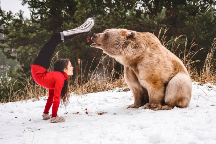 Фотосессия гимнастки Стефани Миллингер с медведем Стефаном (5 фото)