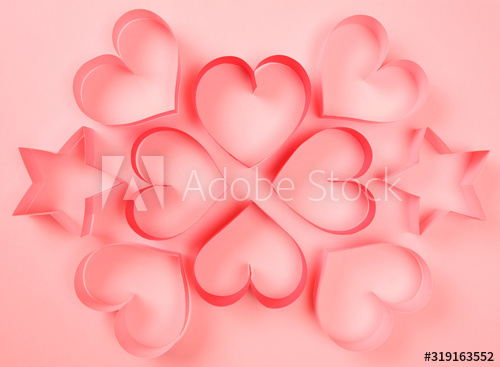 Four red, four pink of red paper hearts and pink paper stars on pink background top view. Pretty love, valentines day, womens day banner, offer, card, invitation, flyer, poster template.