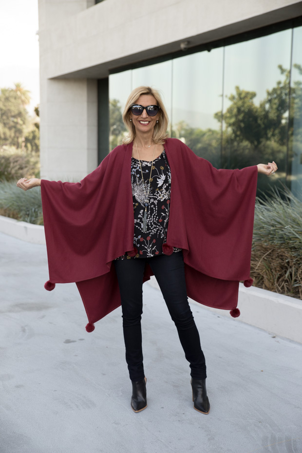 womens burgandy color poncho open