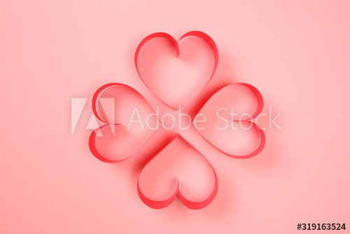 Four of red paper hearts on pink background top view. Good love, valentines day, womens day banner, offer, card, invitation, flyer, poster template.