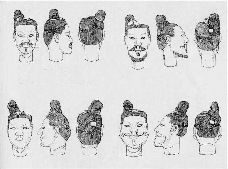 Типы некоторых причёсок воинов терракотовой армии. Источник: Ancient Chinese Armour. — Shanghai, 1996. — Р. 31