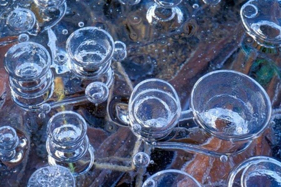 
Пузырьки газа, замёрзшие подо льдом — поистине удивительное зрелище. Они застывают на разной глубине, создавая необыкновенный визуальный эффект.
