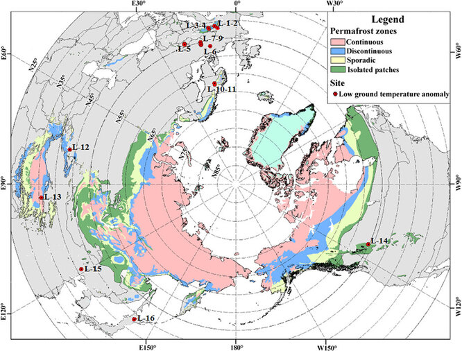 Карта вечной мерзлоты в северном полушарии