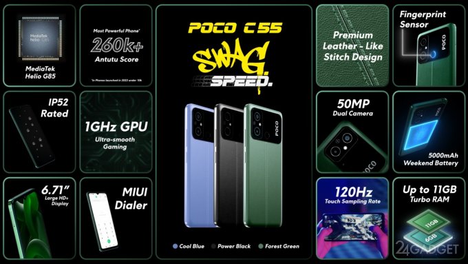 Представлен бюджетный смартфон Poco C55 с ценой от 8 500 рублей смартфон, рублей, Официально, аппарата, Также, оснащён, 50мегапиксельной, основной, камерой, вместе, 2мегапиксельным, датчиком, глубины, основе, процессор, лежит, искусственной, MediaTek, Helio, Питает