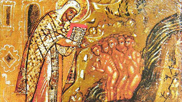 Святитель Леонтий крестит детей. Клеймо иконы Леонтий Ростовский с житием в 24 клеймах. Около 1677 года