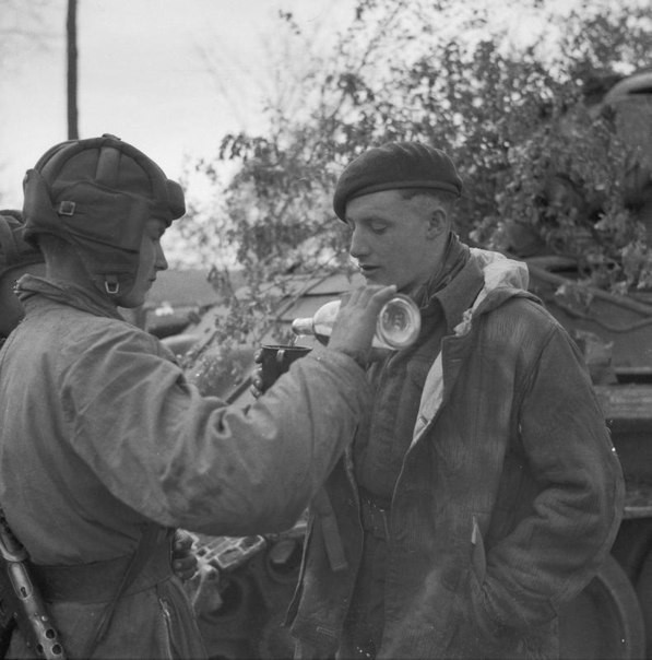 Советский танкист наливает водки британскому сапёру, май 1945 года. история, люди, фотографии
