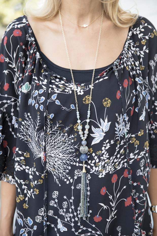 casual black floral print top with necklace
