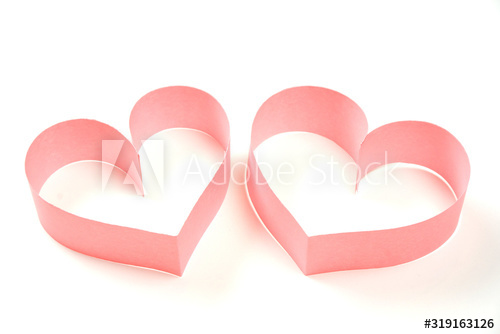 Couple of pink paper hearts on white background isolated. Cute love, valentines day, womens day banner, offer, card, invitation, flyer, poster template.
