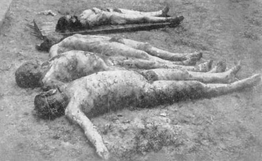 Тела четырех крестьян-заложников (Бондаренко, Плохих, Левенец и Сидорчук). Лица покойников страшно изрезаны. Особым изуверским способом изуродованы половые органы. Производящие экспертизу врачи высказали мнение, что такой прием должен быть известен только китайским палачам и по степени болезненности превышает всё доступное человеческому воображению. 