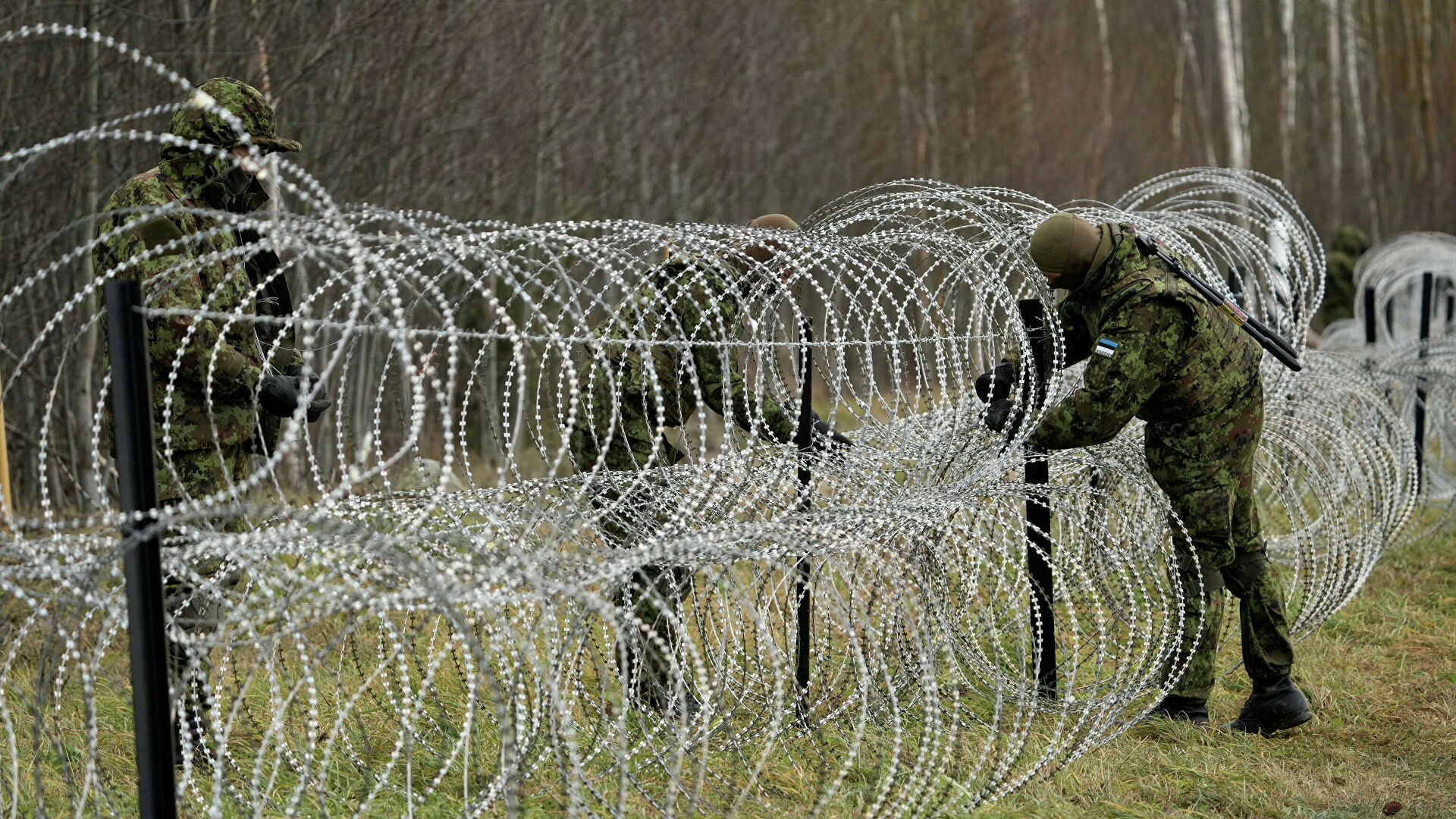 Эстонский военный строит забор на границе с Россией в рамках учений Okas 2021 - РИА Новости, 1920, 04.12.2021