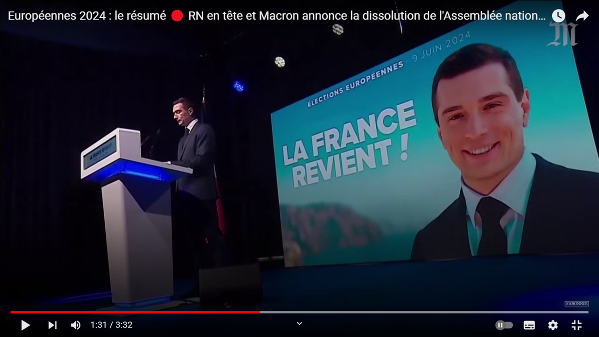 Жордан Барделла (лидер "Национального объединения"). Скриншот с канала Ле Монде в YouTube.