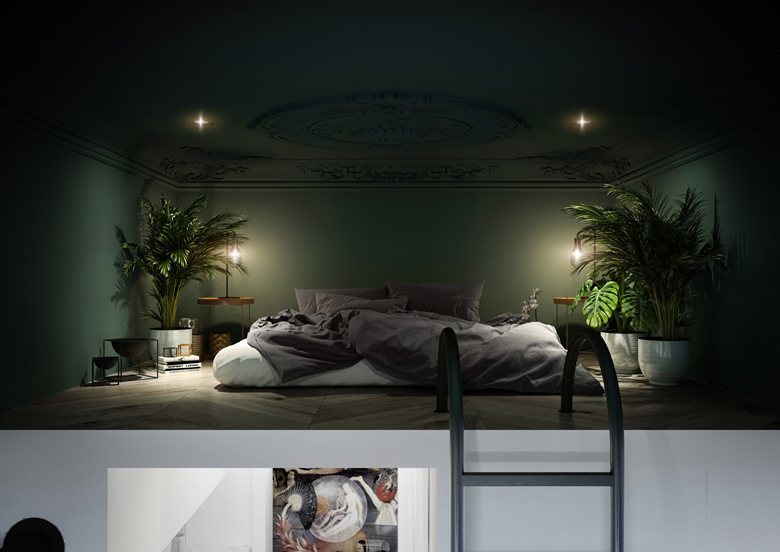  Спальня в цветах: Светло-серый, Серый, Темно-зеленый, Голубой. Спальня в стиле: Минимализм.