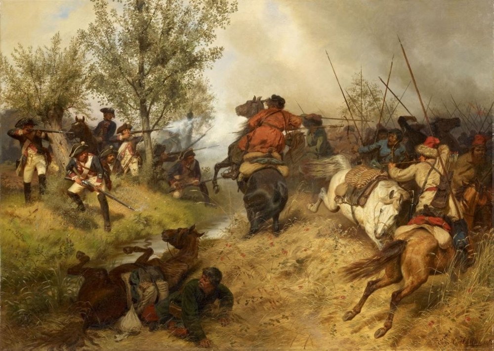 Э. Хюнтен. Перестрелка между прусской пехотой и казаками в битве при Цорндорфе 1758 года.